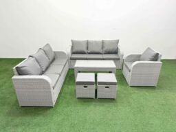 Fimous 9 Seater Poly Rattan Outdoor Garden Furniture Oblong Coffee Table Sofa Set Patio 3 Seater Sofa Reclining Chair 3 Seater Sofa Stools Light Grey - thumbnail 2
