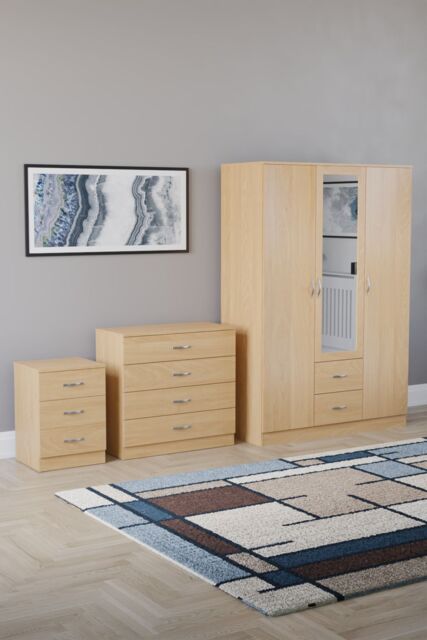 Home Discount Vida Designs 3Pc Bedroom Set 3Bedside, 4 Drawer Chest, Mirror Wardrobe in Brown - image 1
