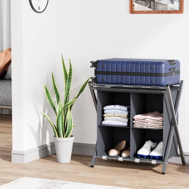 Huhote 2-Tier Metal Luggage Rack with Storage Shelf Suitcase stand Home in Grey - image 1