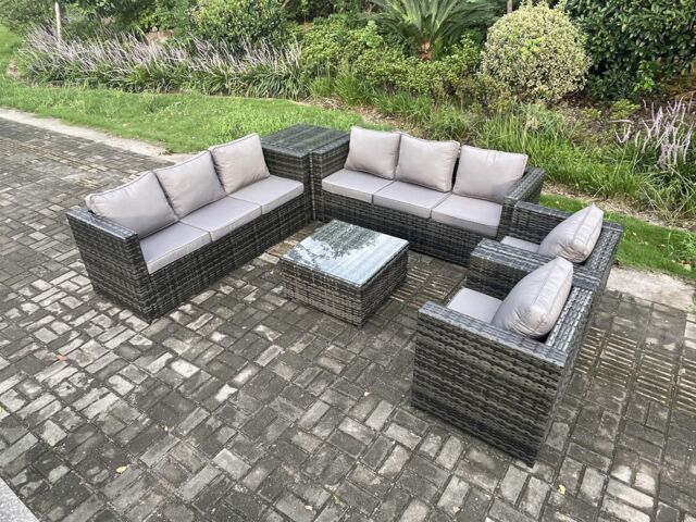Fimous 8 Seater Rattan Garden Furniture Set Patio Outdoor Lounge Sofa Set with 2 Armchairs Side Table Square Coffee Table Dark Grey Mixed - image 1