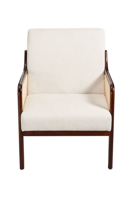 Beige Corduroy Armchair with Rattan Armrest in Cream