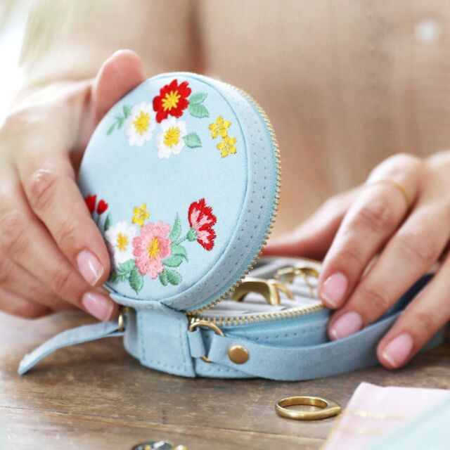 Lisa Angel Women's Blue Embroidered Floral Mini Round Jewellery Case in Baby Blue - image 1