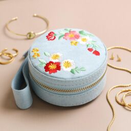 Lisa Angel Women's Blue Embroidered Floral Mini Round Jewellery Case in Baby Blue - thumbnail 2