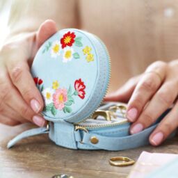 Lisa Angel Women's Blue Embroidered Floral Mini Round Jewellery Case in Baby Blue - thumbnail 1
