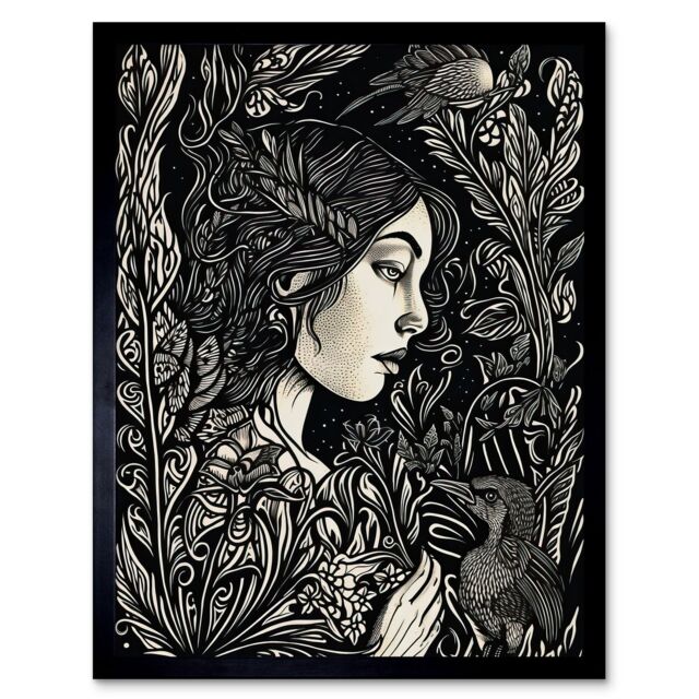 "Artery8 Wall Art Print Woman with Crow in a Field Black & White Linocut Art Framed - Size: W12"" x H16""" - image 1