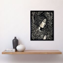 "Artery8 Wall Art Print Woman with Crow in a Field Black & White Linocut Art Framed - Size: W12"" x H16""" - thumbnail 2