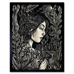 "Artery8 Wall Art Print Woman with Crow in a Field Black & White Linocut Art Framed - Size: W12"" x H16""" - thumbnail 1