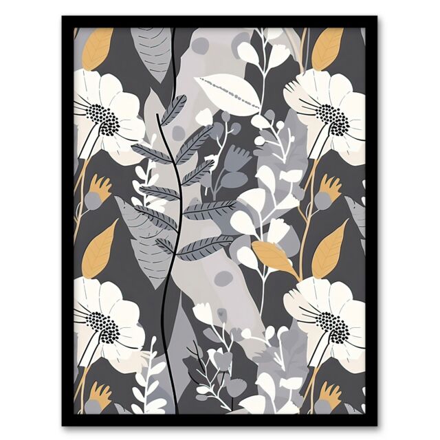 "Artery8 Grey Orange Wildflower Design Floral Pattern Framed Art Print - Size: W12"" x H16""" - image 1