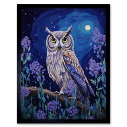 "Artery8 Wall Art Print Great Horned Owl in Lavender Field Oil Painting Blue Purple Full Moon Night in the Countryside Art Framed - Size: W12"" x H16""" - thumbnail 1