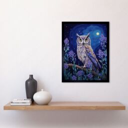 "Artery8 Wall Art Print Great Horned Owl in Lavender Field Oil Painting Blue Purple Full Moon Night in the Countryside Art Framed - Size: W12"" x H16""" - thumbnail 2