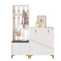 BTM Wardrobe set with shoe bench hooks drawers & cabinet doors in White