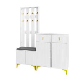 BTM Wardrobe set with shoe bench hooks drawers & cabinet doors in White - thumbnail 5