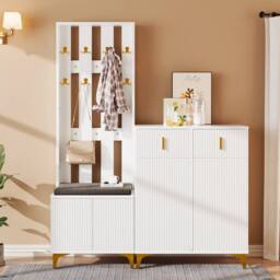 BTM Wardrobe set with shoe bench hooks drawers & cabinet doors in White - thumbnail 2