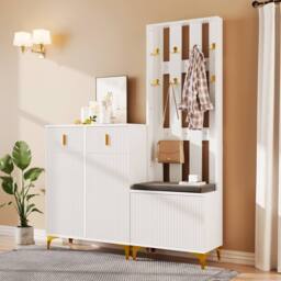 BTM Wardrobe set with shoe bench hooks drawers & cabinet doors in White - thumbnail 4