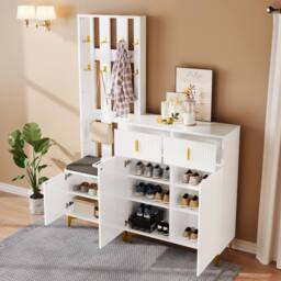 BTM Wardrobe set with shoe bench hooks drawers & cabinet doors in White - thumbnail 3