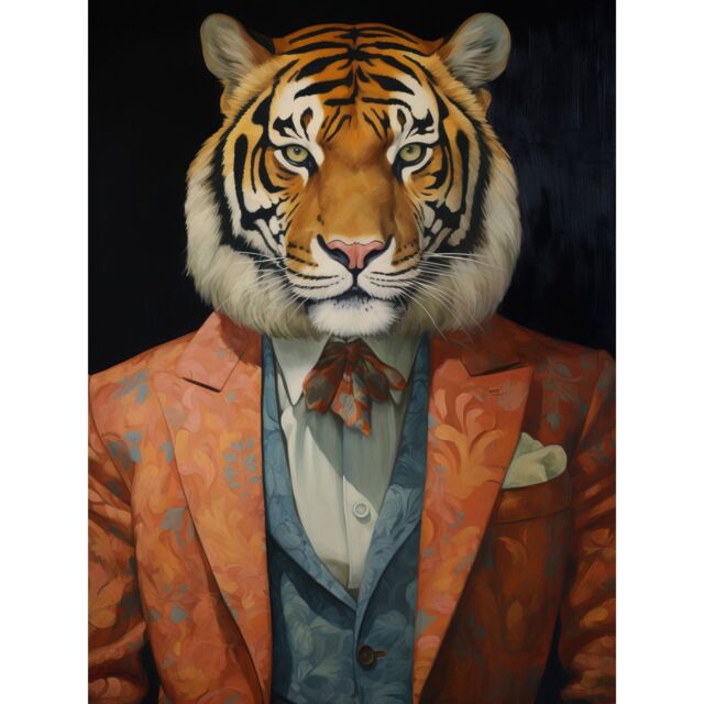 "Artery8 Wall Art Print Tiger About Town Artwork Coral Pink & Cerulean Blue Suit Conceptual Portrait Artwork Poster in Black - Size: W12"" x H16""" - image 1