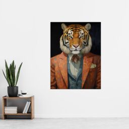 "Artery8 Wall Art Print Tiger About Town Artwork Coral Pink & Cerulean Blue Suit Conceptual Portrait Artwork Poster in Black - Size: W12"" x H16""" - thumbnail 2