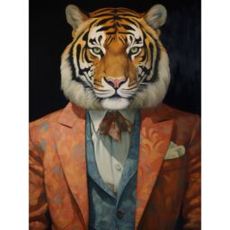 "Artery8 Wall Art Print Tiger About Town Artwork Coral Pink & Cerulean Blue Suit Conceptual Portrait Artwork Poster in Black - Size: W12"" x H16""" - thumbnail 1