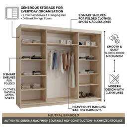 Sliding Wardrobes 4U Modern 3 Door Sliding Wardrobe-Bedroom cabinet 250cm x 217cm in Light Oak - Size: 250 cm x 217 cm - thumbnail 7