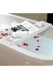 Living and Home Bamboo Bath Tray Bathtub Caddy for Bathroom Classic in White