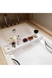 Living and Home Bamboo Bath Tray Bathtub Caddy for Bathroom Classic in White - thumbnail 2