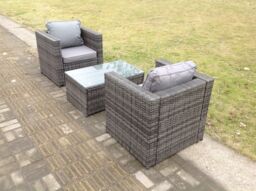 Fimous Rattan Garden Furniture Chairs Oblong Coffee Table Set in Dark Grey - thumbnail 1