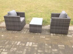 Fimous Rattan Garden Furniture Chairs Oblong Coffee Table Set in Dark Grey - thumbnail 2