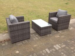 Fimous Rattan Garden Furniture Chairs Oblong Coffee Table Set in Dark Grey - thumbnail 3