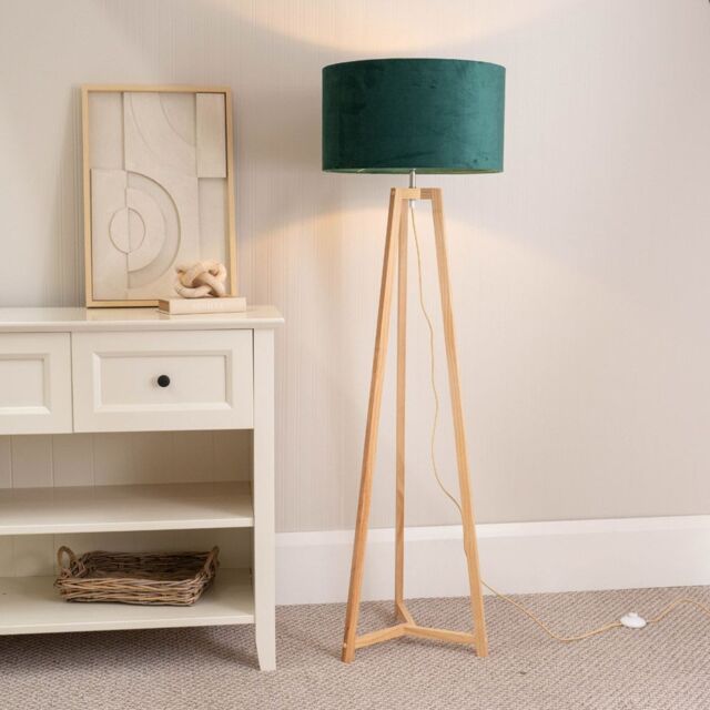 ValueLights Lottie Natural Wood Tripod Floor Lamp with Velvet Drum Shade in Green - image 1