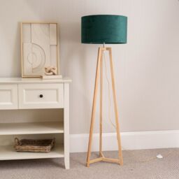 ValueLights Lottie Natural Wood Tripod Floor Lamp with Velvet Drum Shade in Green - thumbnail 3