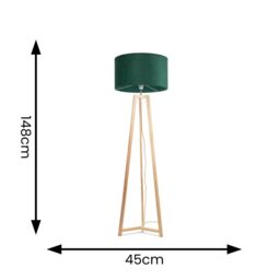 ValueLights Lottie Natural Wood Tripod Floor Lamp with Velvet Drum Shade in Green - thumbnail 4