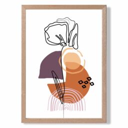 ARTZE Carnation Floral Line Art with Boho Purple & Orange Shapes Framed Print SIZE: A4 with Oak Frame