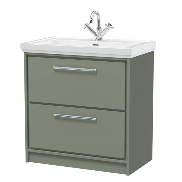 Balterley Bathroom Floor Standing 2-Drawer Vanity, Fireclay Basin, Green, 800mm in Green - image 1