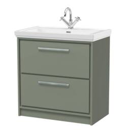 Balterley Bathroom Floor Standing 2-Drawer Vanity, Fireclay Basin, Green, 800mm in Green - thumbnail 1