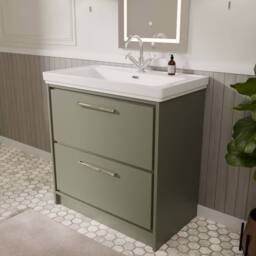 Balterley Bathroom Floor Standing 2-Drawer Vanity, Fireclay Basin, Green, 800mm in Green - thumbnail 4