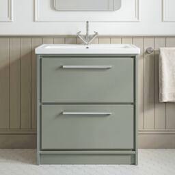 Balterley Bathroom Floor Standing 2-Drawer Vanity, Fireclay Basin, Green, 800mm in Green - thumbnail 6