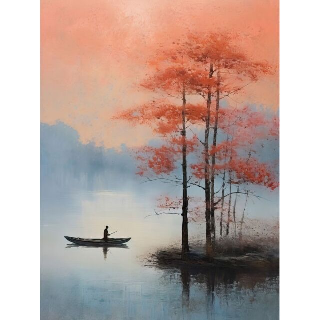 "Artery8 Wall Art Print Canoe Boat on Misty Lake Oil Painting Landscape Blue Pink Blossom Tree Early Morning Poster - Size: W24"" x H32""" - image 1