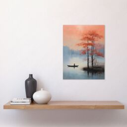 "Artery8 Wall Art Print Canoe Boat on Misty Lake Oil Painting Landscape Blue Pink Blossom Tree Early Morning Poster - Size: W24"" x H32""" - thumbnail 2