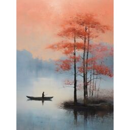 "Artery8 Wall Art Print Canoe Boat on Misty Lake Oil Painting Landscape Blue Pink Blossom Tree Early Morning Poster - Size: W24"" x H32""" - thumbnail 1