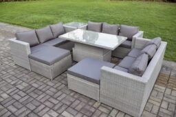 Fimous 11 Seater Outdoor PE Rattan Garden Funiture Set Adjustable Rising Lifting Table Sofa Dining Set with Side Table in Light Grey - thumbnail 1