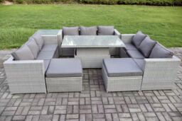 Fimous 11 Seater Outdoor PE Rattan Garden Funiture Set Adjustable Rising Lifting Table Sofa Dining Set with Side Table in Light Grey - thumbnail 2