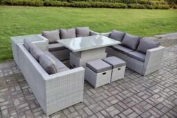 Fimous 11 Seater Outdoor PE Rattan Garden Funiture Set Adjustable Rising Lifting Table Sofa Dining Set with Side Table in Light Grey - thumbnail 3