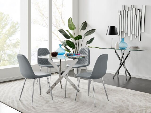 FurnitureboxUK Novara Clear Tempered Glass 100cm Round Dining Table with Chrome Starburst Legs & 4 Corona Faux Leather Silver Leg Chairs in Grey - image 1