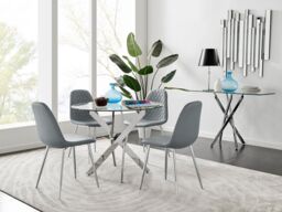FurnitureboxUK Novara Clear Tempered Glass 100cm Round Dining Table with Chrome Starburst Legs & 4 Corona Faux Leather Silver Leg Chairs in Grey