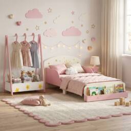AIYAPLAY 2-Piece Kids Bedroom Set with Guardrails, Storage, Pink - thumbnail 2
