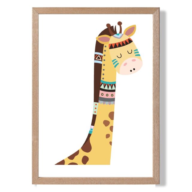 ARTZE Peeking Giraffe Tribal Animal Framed Print SIZE: A4 with Oak Frame in Yellow - image 1