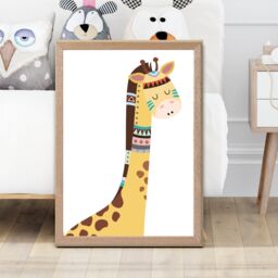 ARTZE Peeking Giraffe Tribal Animal Framed Print SIZE: A4 with Oak Frame in Yellow - thumbnail 2