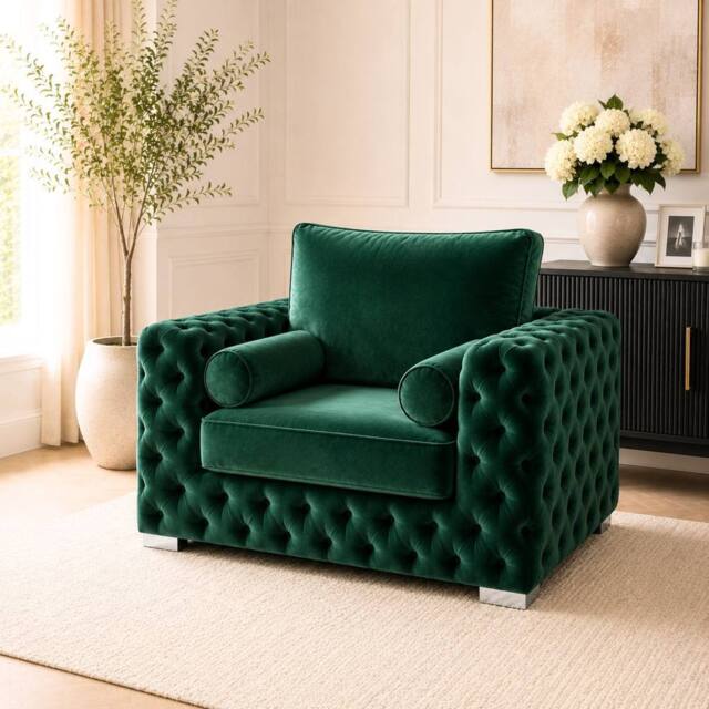 Stratus Interiors Ashley Full Back Chesterfield Plush Velvet Living Room Sofa - Armchair in Dark Green - image 1