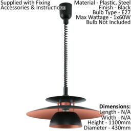 Loops Pendant Light Height Adjustable Colour Black Shade Black Copper Bulb E27 1x60W - thumbnail 2