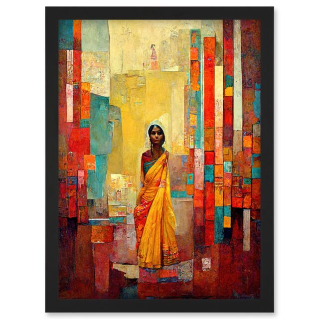Artery8 Bright Bold Woman Yellow Saree Sari Hindu Muslim Skirt Dress Painting Artwork Framed Wall Art Print A4 in Black - image 1